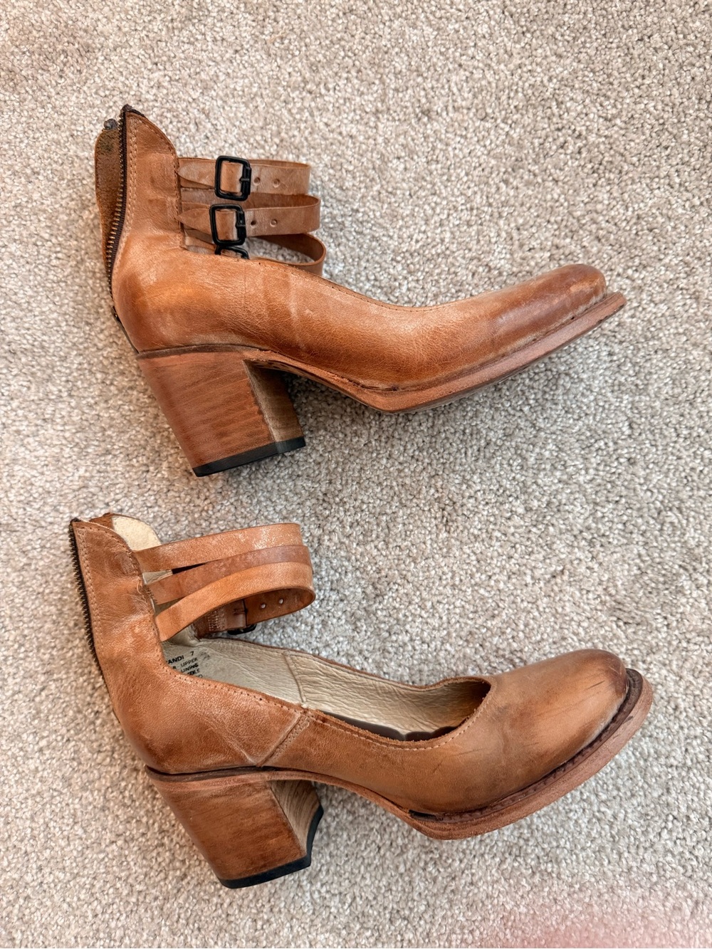 Freebird Tan Leather Double-Ankle Strap Block Heels